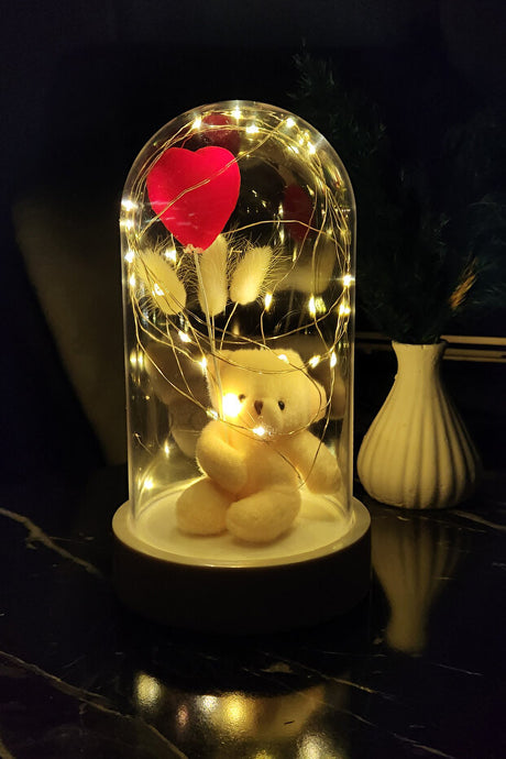 LED Lighted Heart & Teddy Bear Decorative Cloche with Fairy Lights