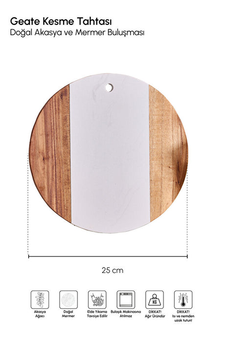Modern Marble & Acacia Wood Round Cutting Board - 25 cm