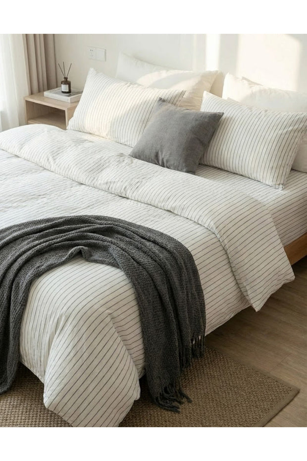White Striped Natural Cotton Double Duvet Cover Set
