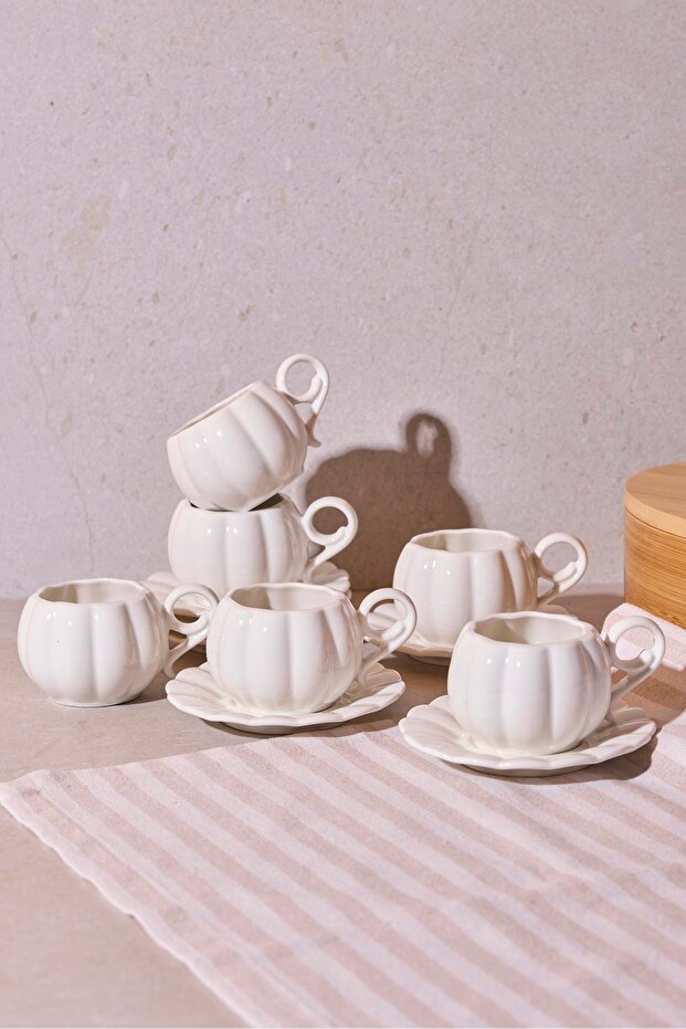 Pumpkin Ribbed Porcelain Coffee Cup Set - 6 Cups & Saucers