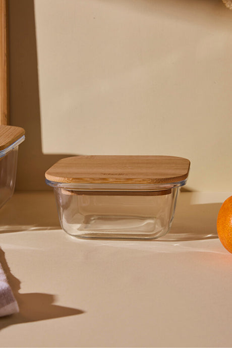 Square Glass Food Storage Container with Bamboo Lid - 320ml