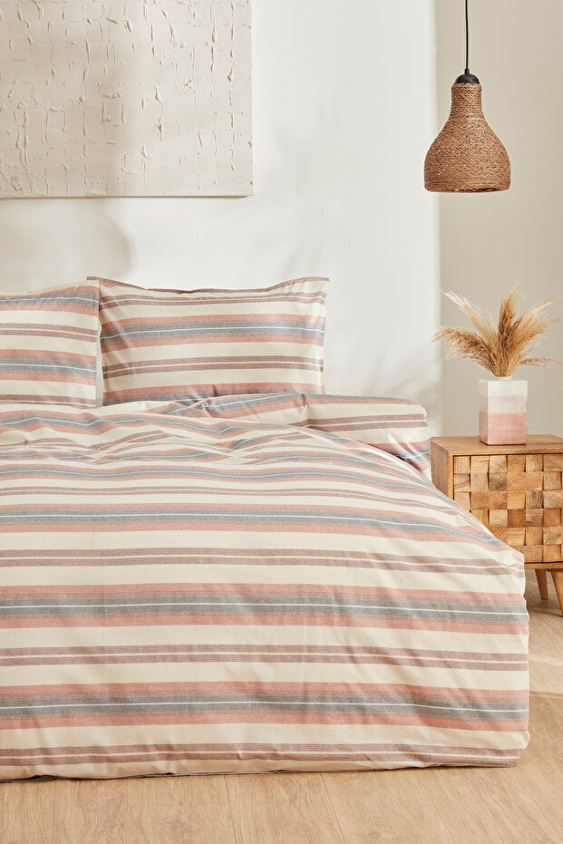 Double Size Duvet Cover Set - Terracotta Stripes, 100% Cotton