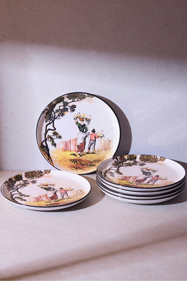 Old English The Gleaners Ceramic Dessert Plate Set - 6 Pieces, 21 cm