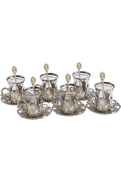 Demmex Professional Turkish Tea Glass Set - Brass Holders & Silver Spoons - 24 Pieces