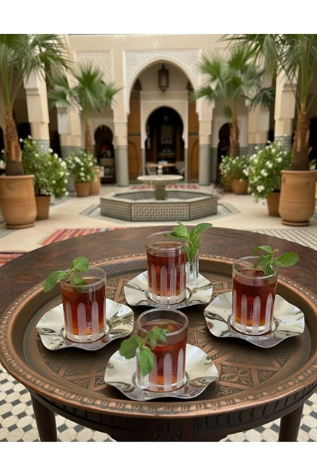 Moroccan-Inspired Fluted Glass Tea Set with Ornate Serving Tray
