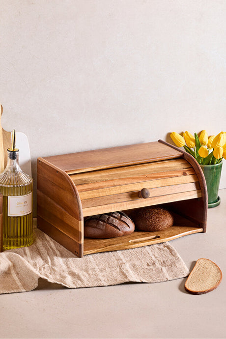 Acacia Wood Bread Box with Roll-Top Door - 24x38x19 cm