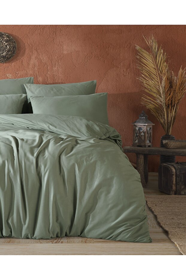 Green 100% Cotton Double Duvet Cover Set - 4 Pieces