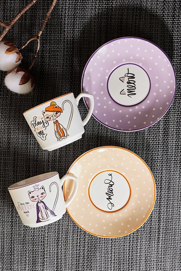 Fancy Cat 2-Person Porcelain Coffee Cup Set - 80ml
