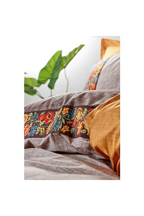 Folk Ark Double Duvet Cover Set - Floral Design Mink