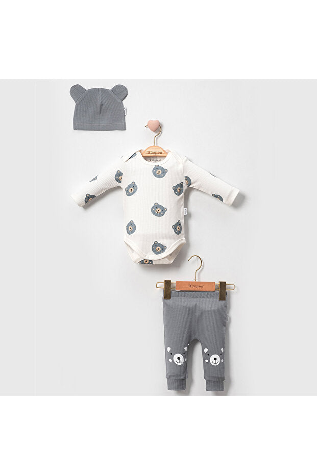 3-teiliges Bekleidungsset für Neugeborene mit Bärenmotiv - Body, Hose und Mütze