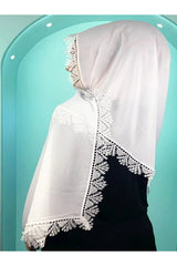 White Crepe Headscarf - Needle Lace Prayer Scarf