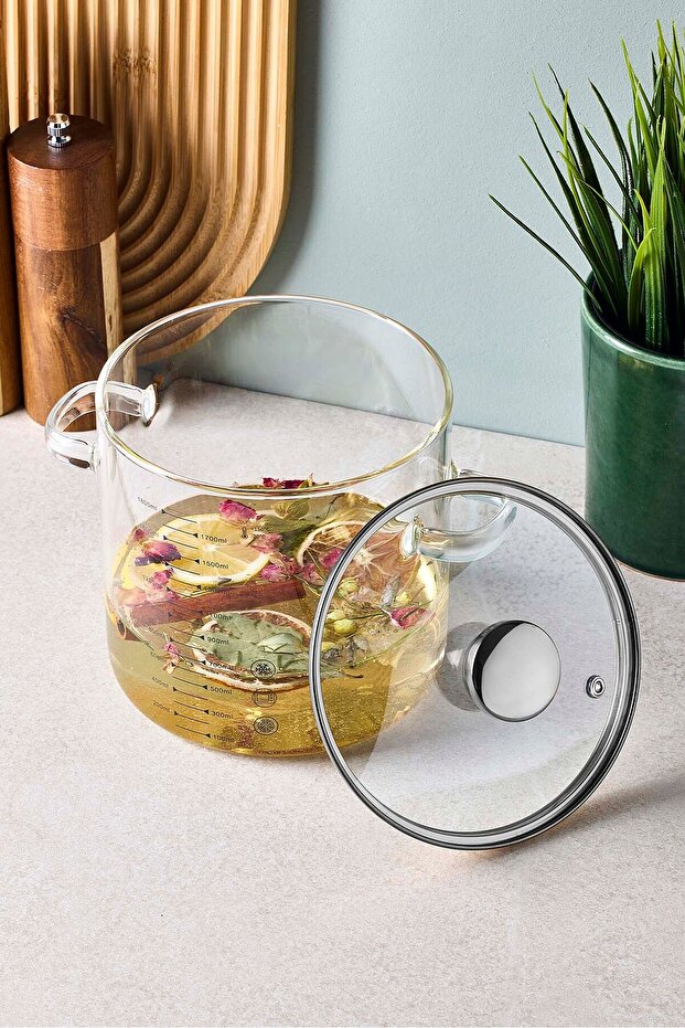 1800ml Borosilicate Glass Pot with Measuring Marks & Glass Lid