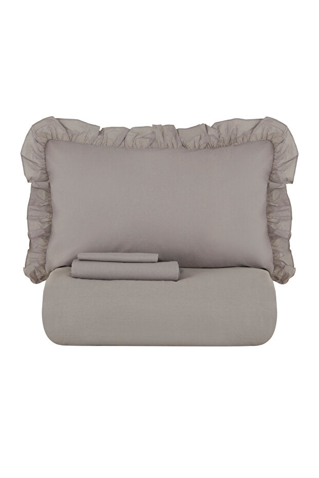 Pure 100% Cotton Double Duvet Cover Set - Grey with Ruffles