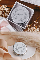 Personalized Laser Engraved Silver Compact Makeup Mirror - Custom Name