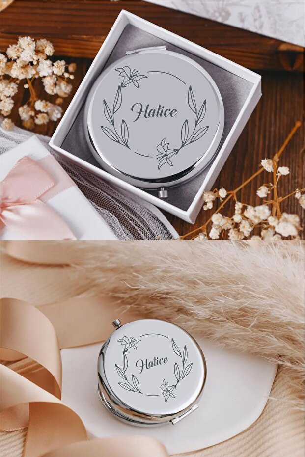 Personalized Laser Engraved Silver Compact Makeup Mirror - Custom Name