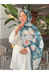 Retro Floral Cotton Shawl - Turquoise & White Flowers