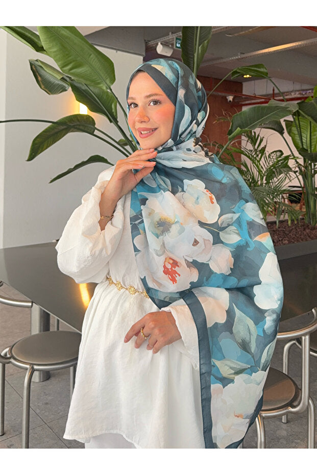 Retro Floral Cotton Shawl - Turquoise & White Flowers