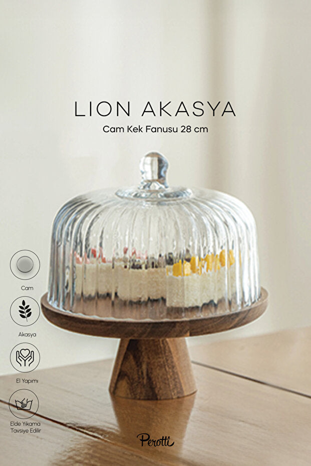 Acacia Wood Cake Stand with Ribbed Glass Dome - 28 cm