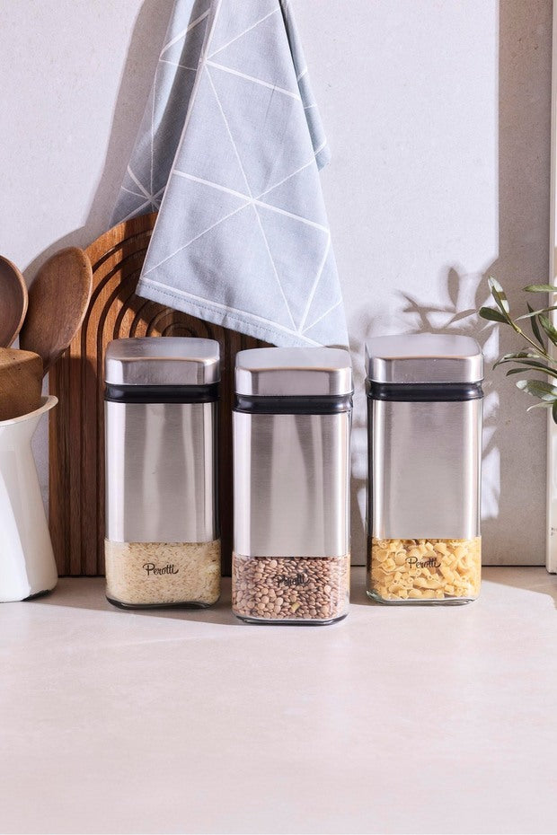 Cubic Glass & Metal Storage Jar Set - 3-Piece