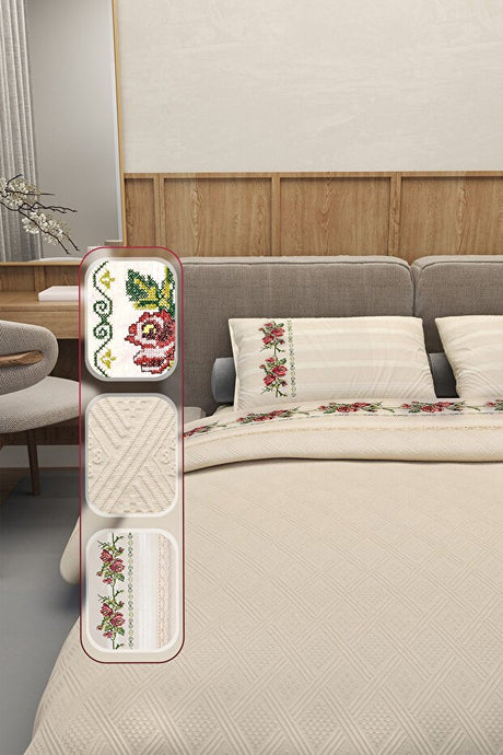 Vintage Double Bed Pike Set - 100% Cotton, Embroidered & Lace