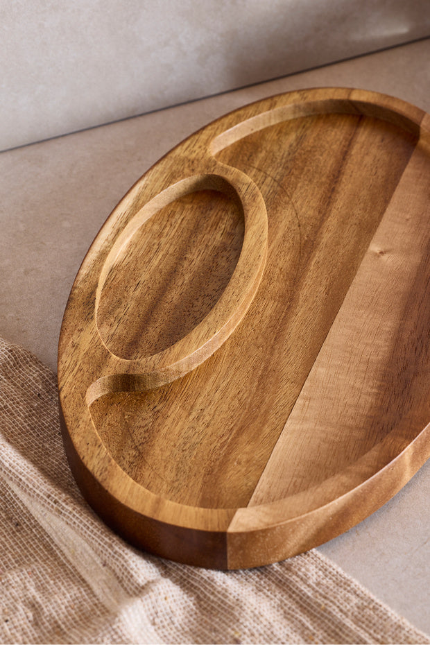 Natural Acacia Divided Oval Serving Plate - 25x14 cm