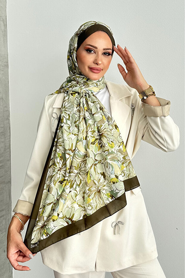 Shawl in Cotone Morbido con Motivo Floreale Lotus - Haki