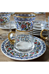 Samsa Premium Turkish Tea Set - 6 Person - Gold Plated Handles - Ceramic Motif Glass Cups Porcelain Plates