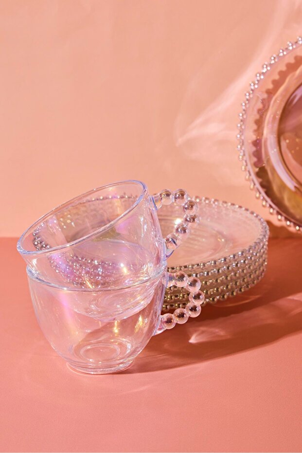 Iridescent Beaded Glass Tea Cup & Dessert Plate Set - 18 Pieces