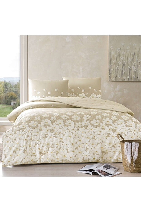 April Ranforce Double Duvet Cover Set - Beige Floral, 100% Cotton
