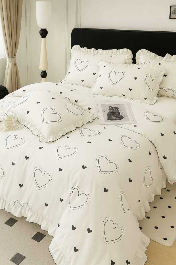 100% Cotton Ranforce Double Ruffled Heart Duvet Cover Set