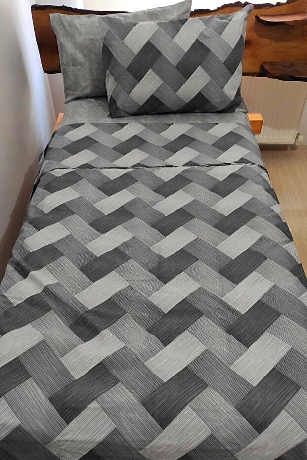 Single Duvet Cover Set - Striped Grey, 3-Piece with Fitted Sheet