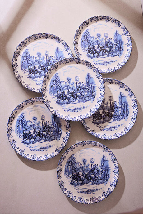6-Piece 21cm Ceramic Dessert Plate Set - Vintage Horse-Drawn Carriage