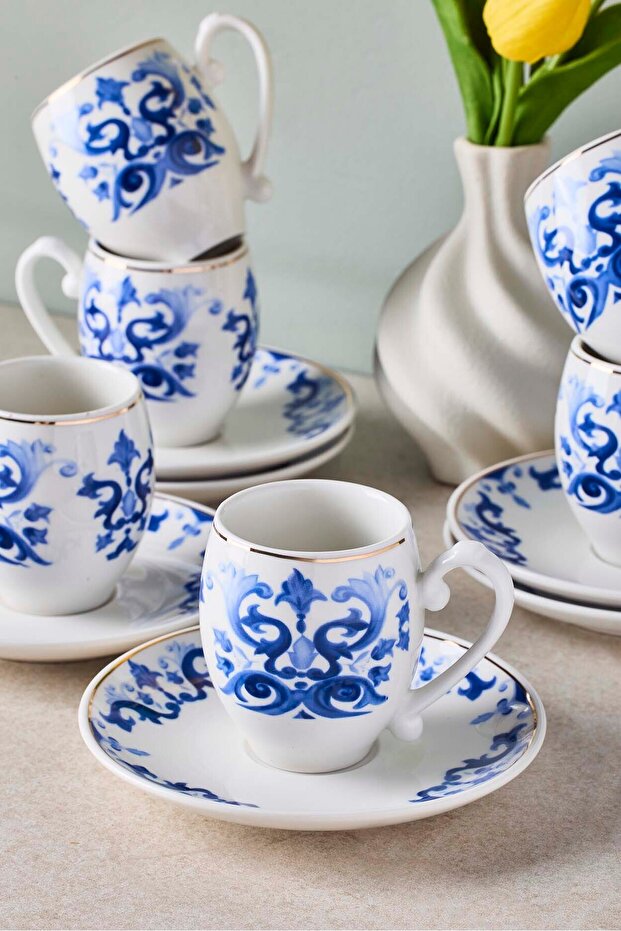 Porcelain Coffee Cup & Saucer Set - Blue Pattern, 6 Person (100ml)