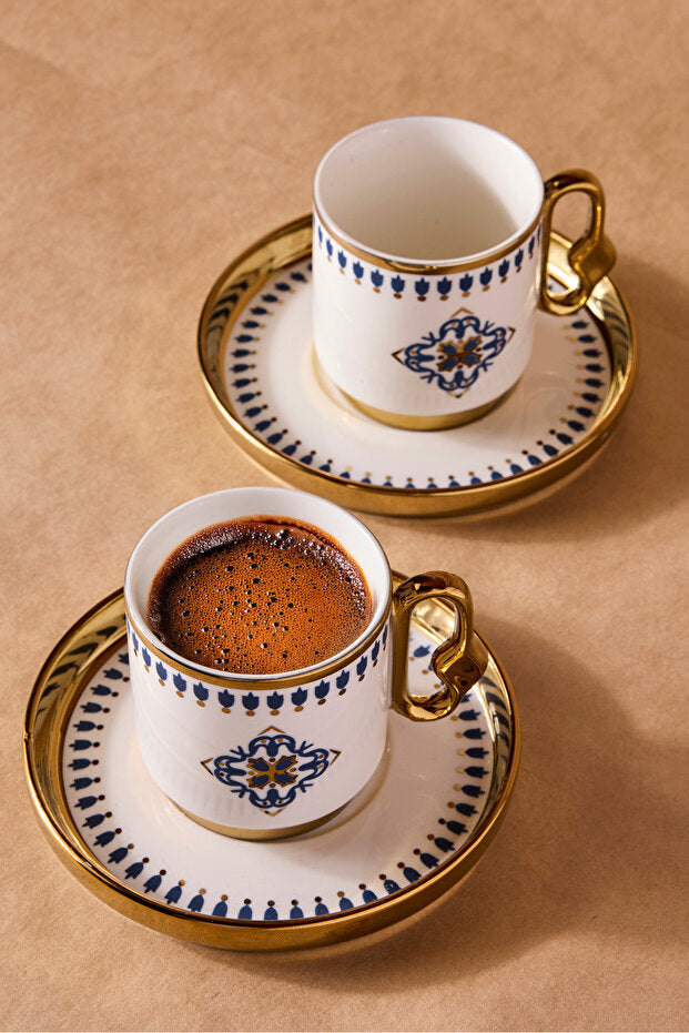 Porcelain Coffee Cup Set with Blue Tile Pattern - Serves 2