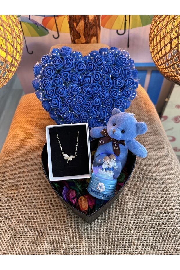 Romantic Gift Box Set with Blue Roses, Angel Necklace & Snow Globe