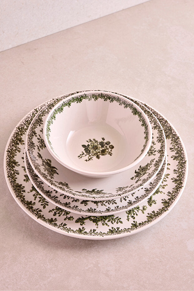 Vintage Green Floral 27-Piece Ceramic Dinnerware Set