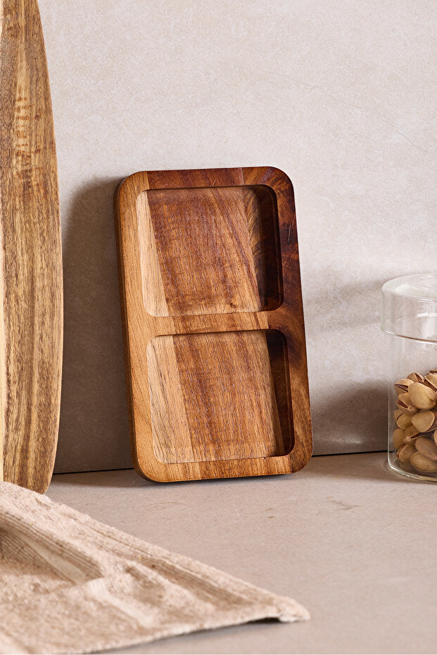 Acacia Wood 2-Compartment Serving Tray - 17x10 cm Snack Dish