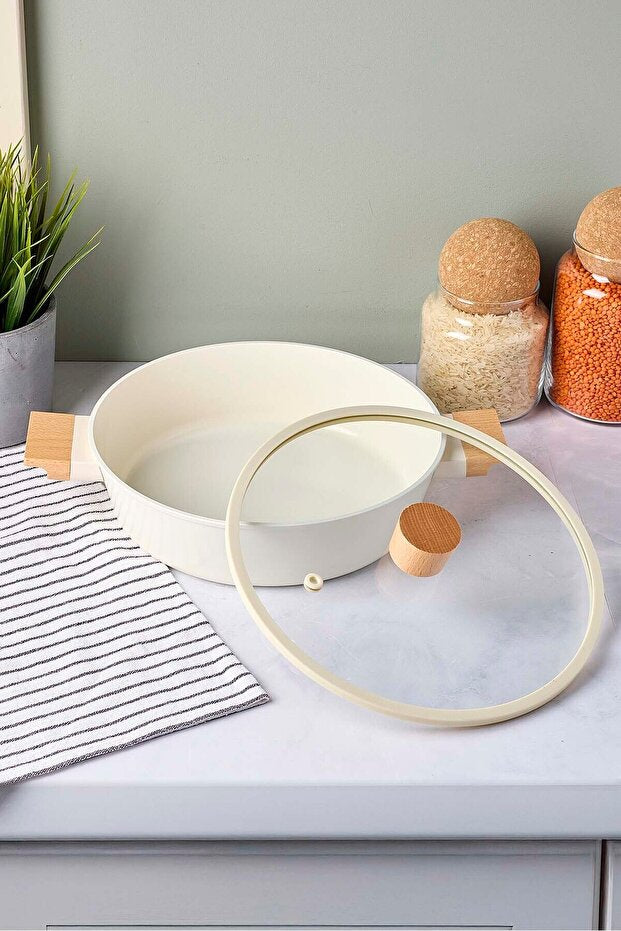 24cm Ceramic Shallow Pot - Induction Base & Wooden Handles