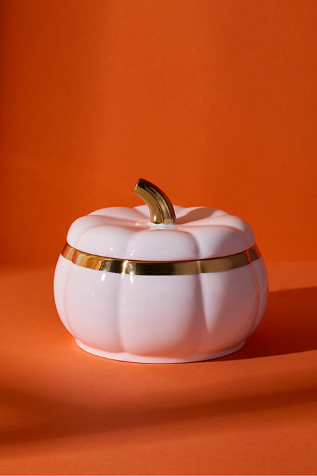 Elegant Pumpkin Porcelain Storage Jar - White & Gold, 13.3 cm