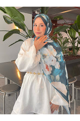 Retro Floral Cotton Shawl - Turquoise & White Flowers