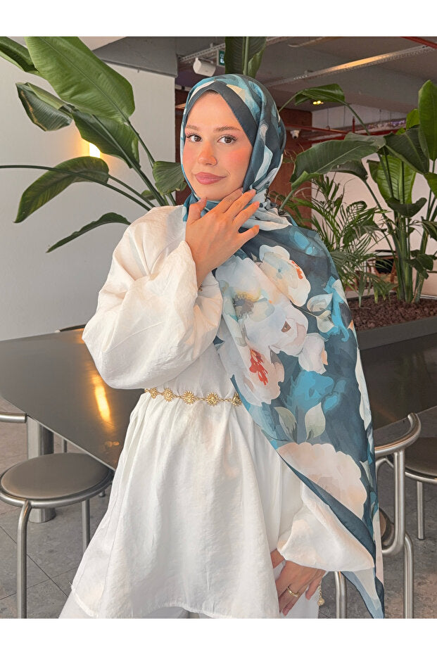 Retro Floral Cotton Shawl - Turquoise & White Flowers