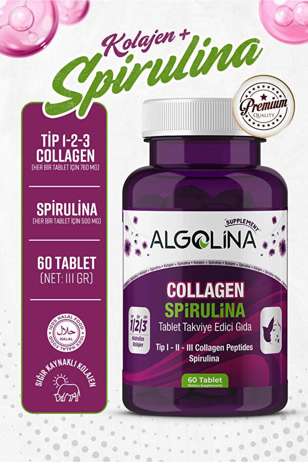 Kollagen + Spirulina Tabletter - Type I, II, III - 60 Tabletter x 3 Pakke