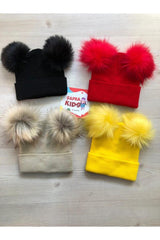 Double Pom-Pom Beanie Set - 4-Piece