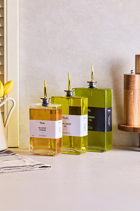 3-Piece Gold Cap Glass Oil & Vinegar Dispenser Set - 350, 500, 750ml