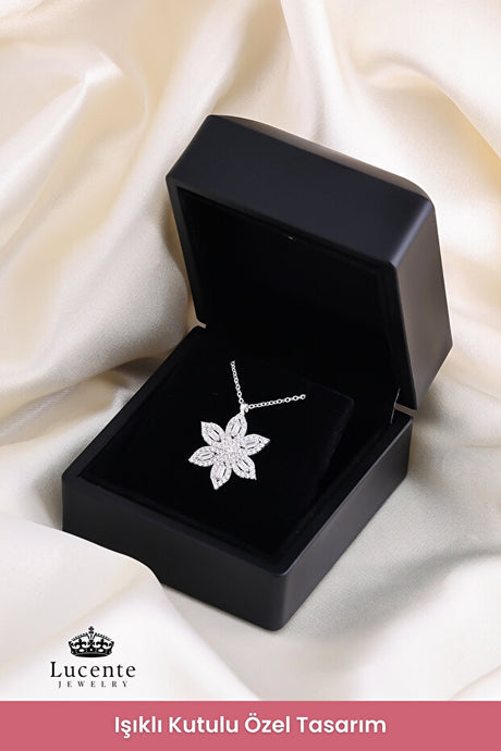 Baguette Stone Lotus Flower 925 Silver Plated Necklace with Light-Up Gift Box