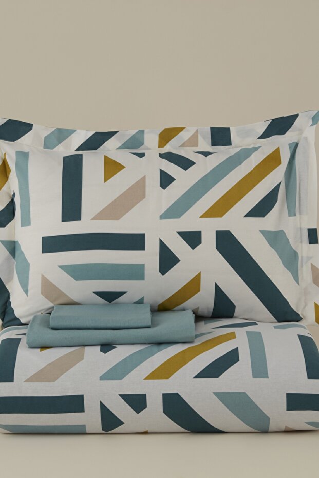 Morgan 100% Cotton Double Duvet Cover Set - Green Geometric