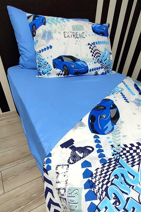 Single Blue Car Duvet Cover Set with Fitted Sheet