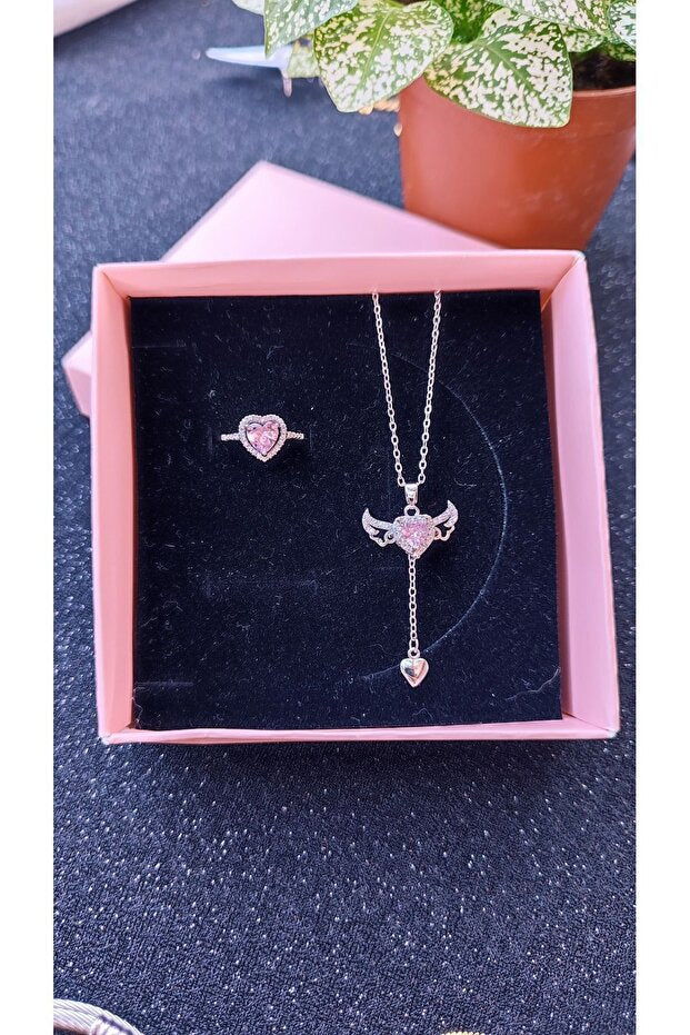 Steel Gold-Plated Heart Stone Necklace & Ring Set
