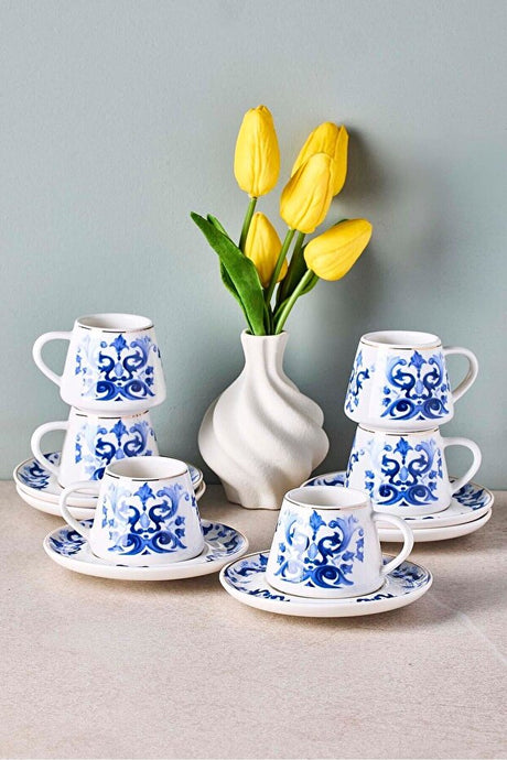 Porcelain Coffee Cup Set with Blue & Gold Motifs - 6 Person, 100ml