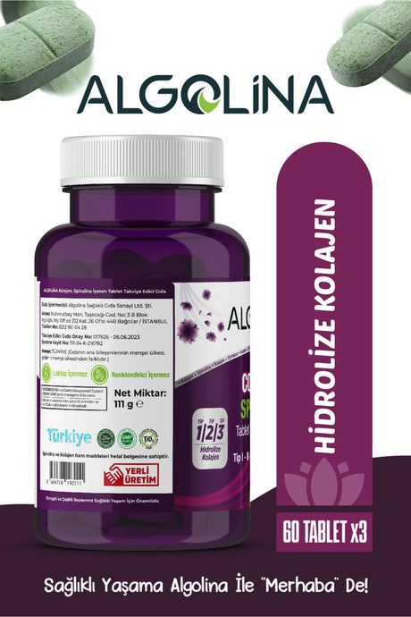 Tablety kolagenu + spiruliny - Typ I, II, III - 60 tablet x 3 balení